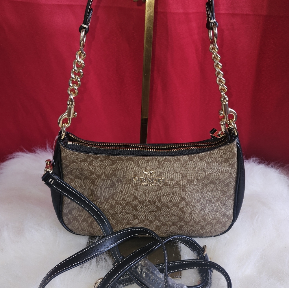 Coach Teri  2 Way Signature  Shoulder Bag with Monogram Pattern Brown